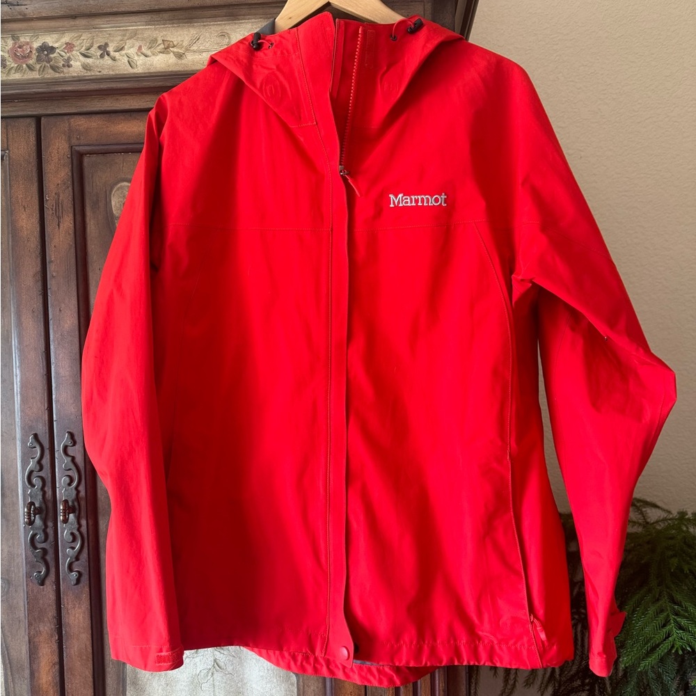 Red Marmot water resistant outerwear.